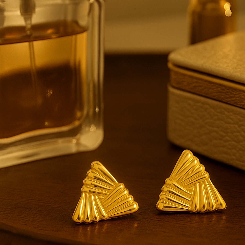 DevShiv Creations Gold-Toned Geometric Triangle Earrings | Elegant Fan-Pattern Studs for Women | Premium Jewellery for Everyday & Festive Wear